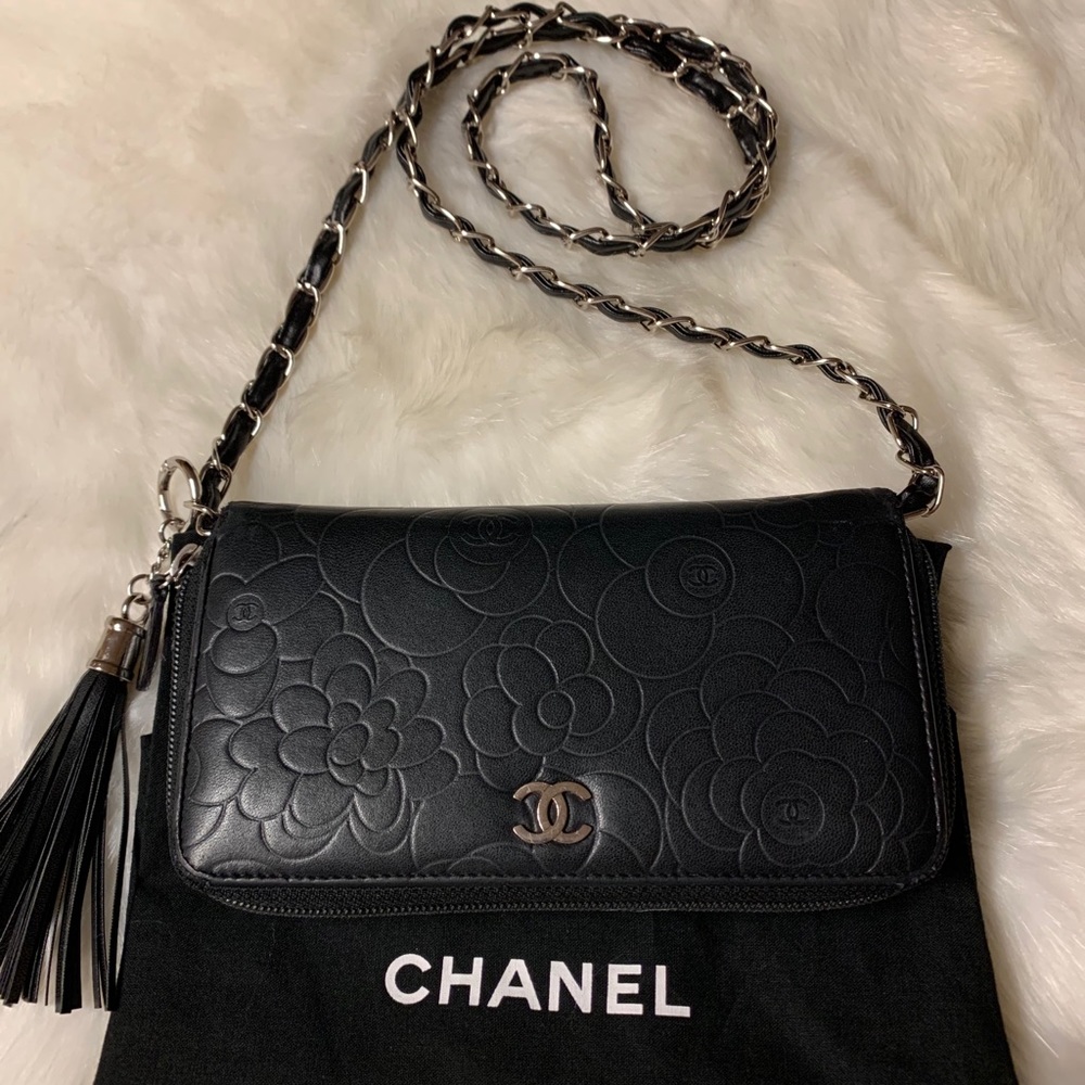 Chanel Flower Black Zippered Wallet on Chain